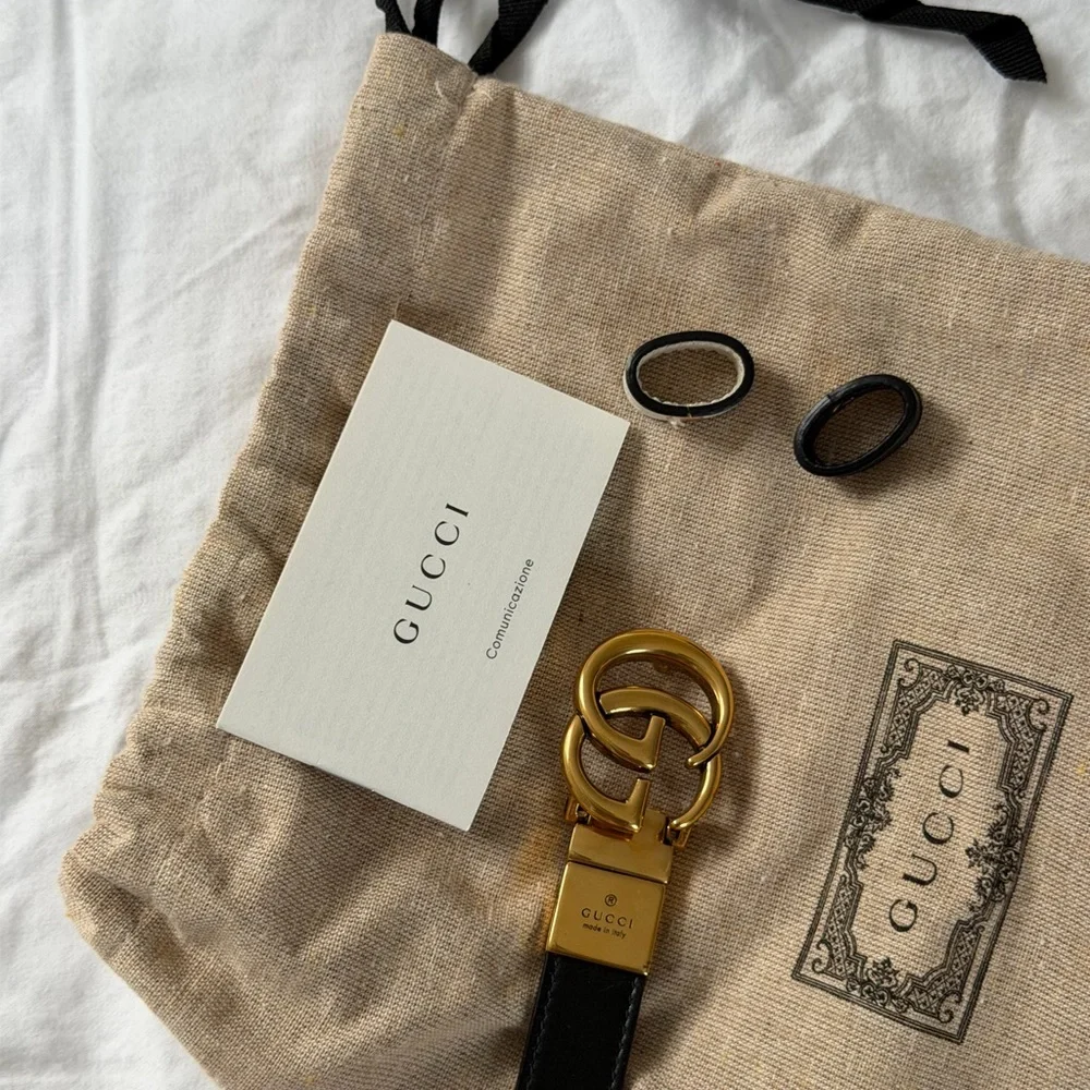 Authentic Gucci Blondie Marmont Reversible Thin Belt Black Beige leather 2 in 1